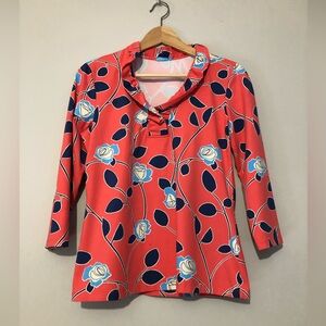 J. McLaughlin Durham Coral Shirt Blue Floral Ruffle V-Neck Top Women’s Medium